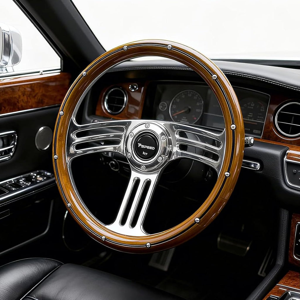 14 inch Solid Wood Steering Wheel,6 Bolt Hole 3 Spoke Chrome-Plated Aluminum Alloy Real Wood Grip Horn Button 70MM Deep Dish Fit for Cars,Racing,Vintage Car,350mm Classic Car steering wheel