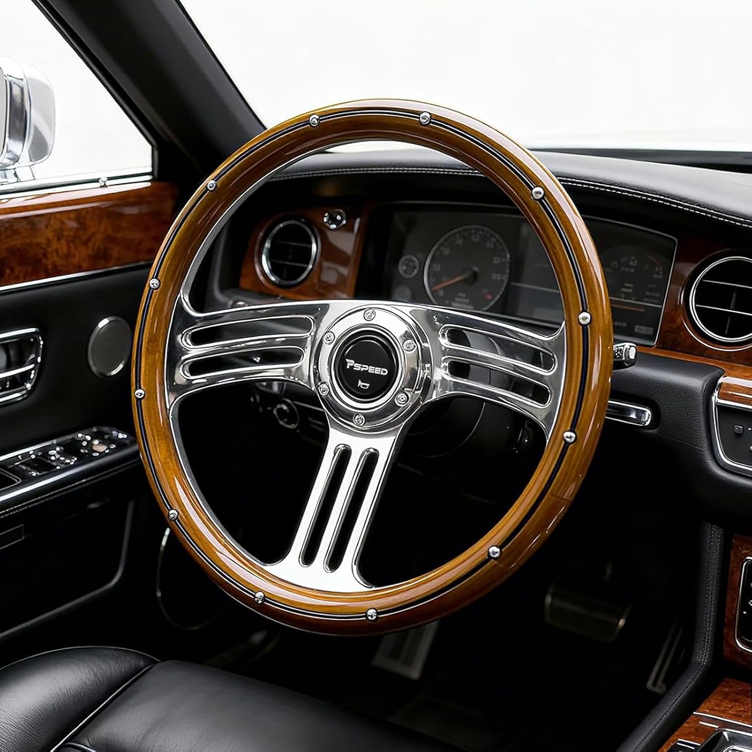 14 inch Solid Wood Steering Wheel,6 Bolt Hole 3 Spoke Chrome-Plated Aluminum Alloy Real Wood Grip Horn Button 70MM Deep Dish Fit for Cars,Racing,Vintage Car,350mm Classic Car steering wheel