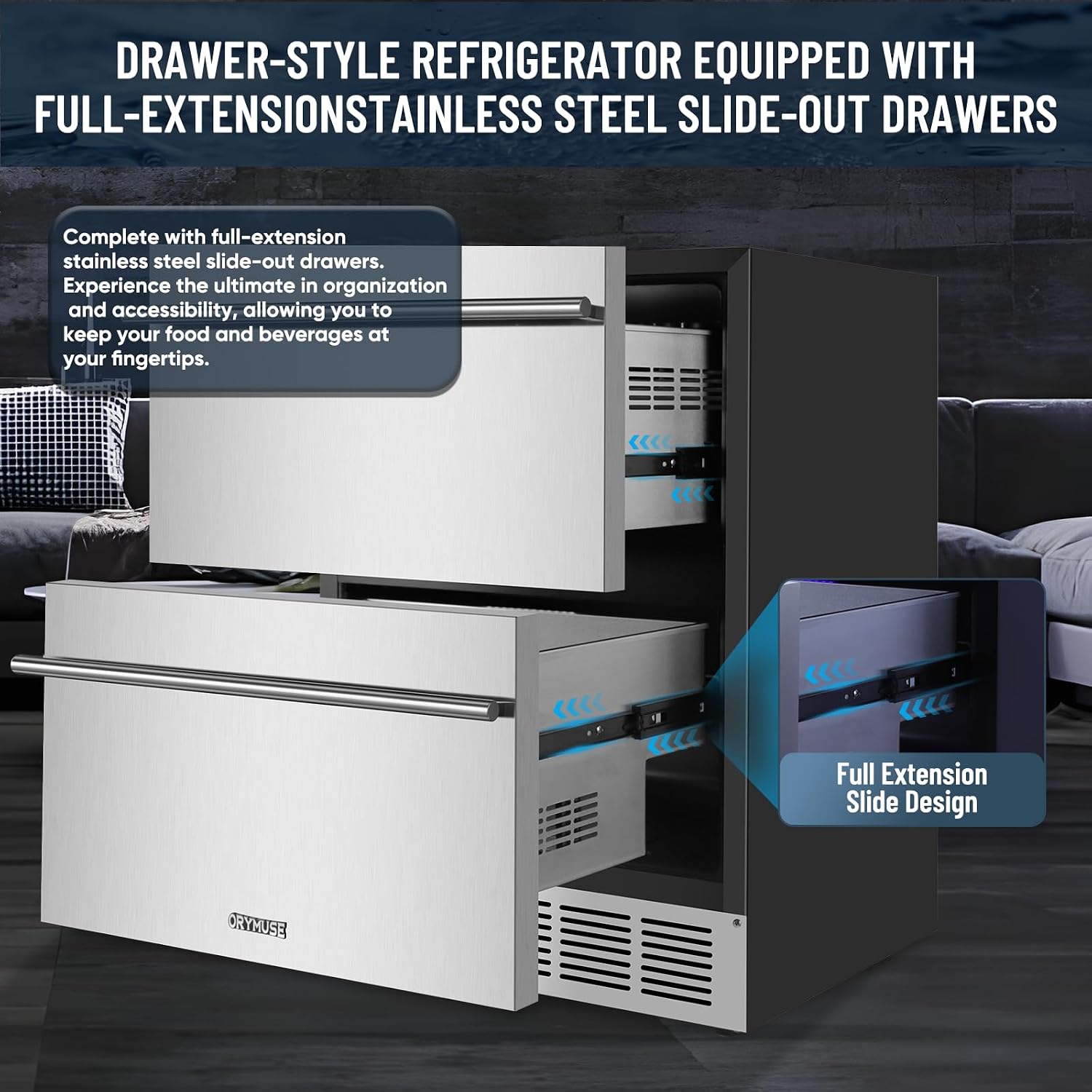 ORYMUSE Outdoor Drawer Refrigerator, 24 Inch Undercounter Beverage Cooler Fridge with Stainless Steel Seamless Door Can Hold 154 Cans w/Powerful Cooling Compressor for Kitchen and Commercial