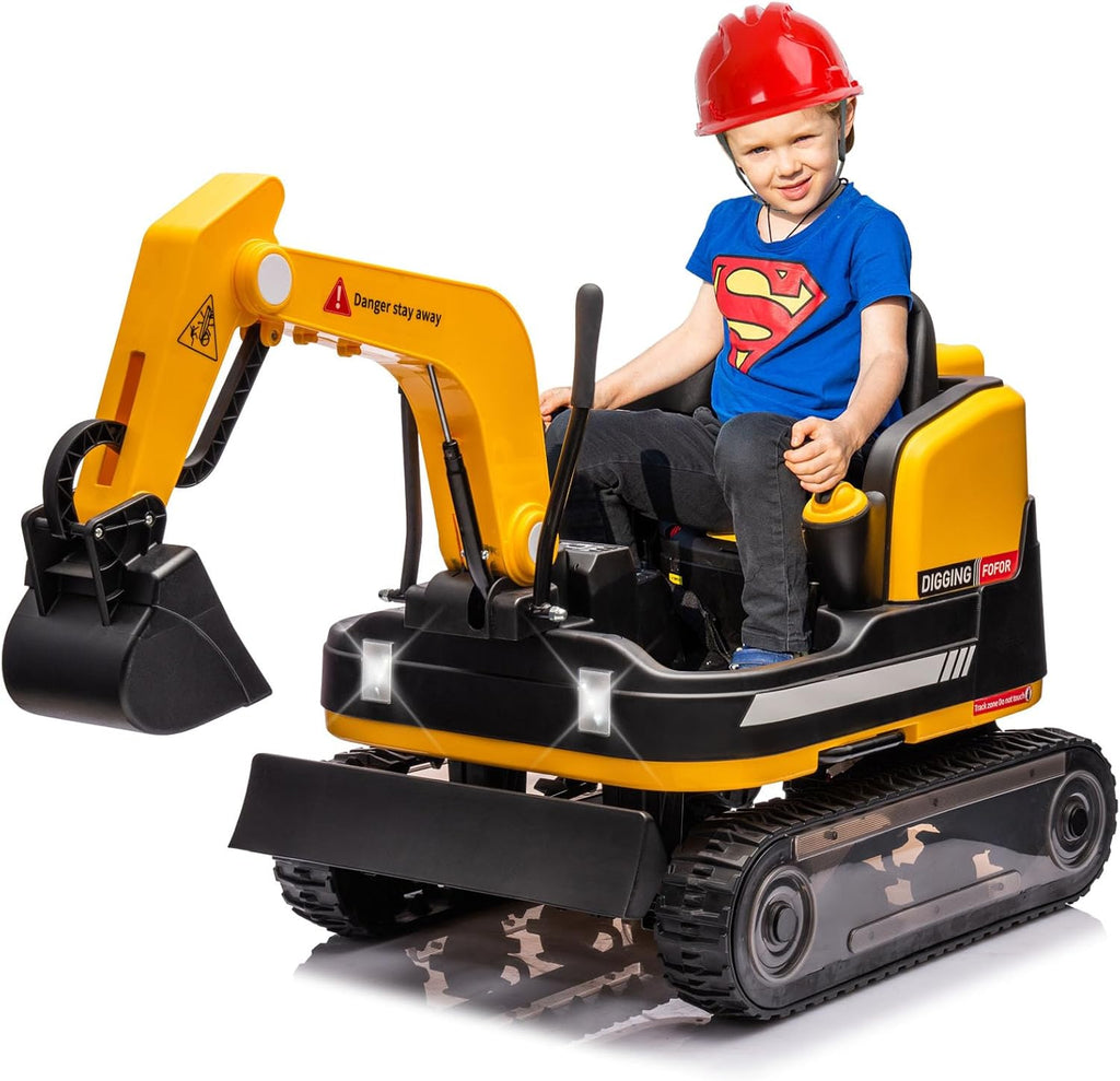 360 Degree Rotating Ride On Excavator and Bulldozer,JOYLDIAS 12V12AH Battery Powered Ride On Toy Backhoe W/Track Design Wheels for All Terrain,Remote Control,MP3,Toolbox for Kids,Parent,Yellow