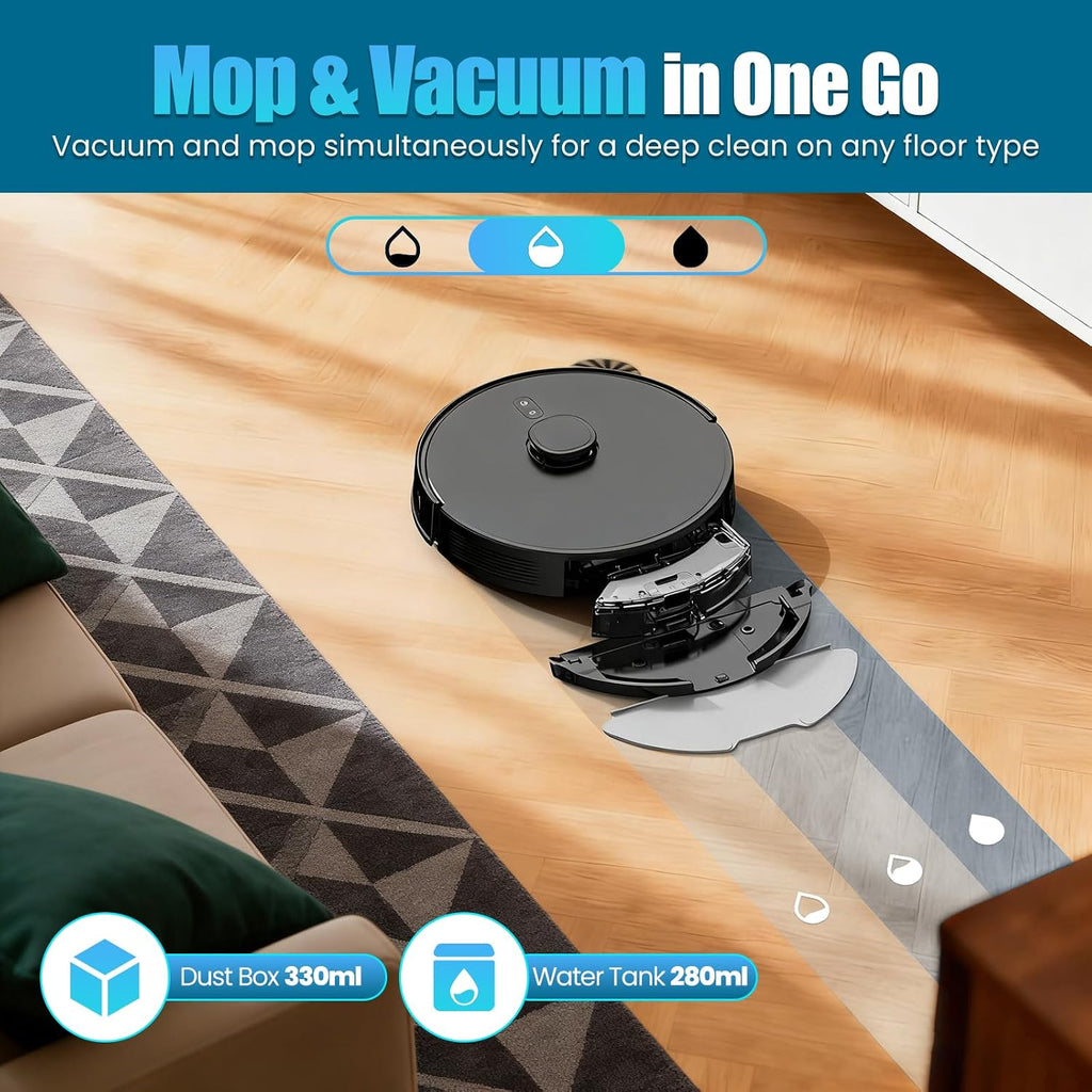 Robot Vacuum and Mop Self-Emptying with 8,000Pa Suction, LiDAR Navigation, Home Mapping, 75-Day Capacity, No-Go Zones, 150 Mins, APP＆Voice Control for Pet Hair, Hard Floors, Carpets, E10+