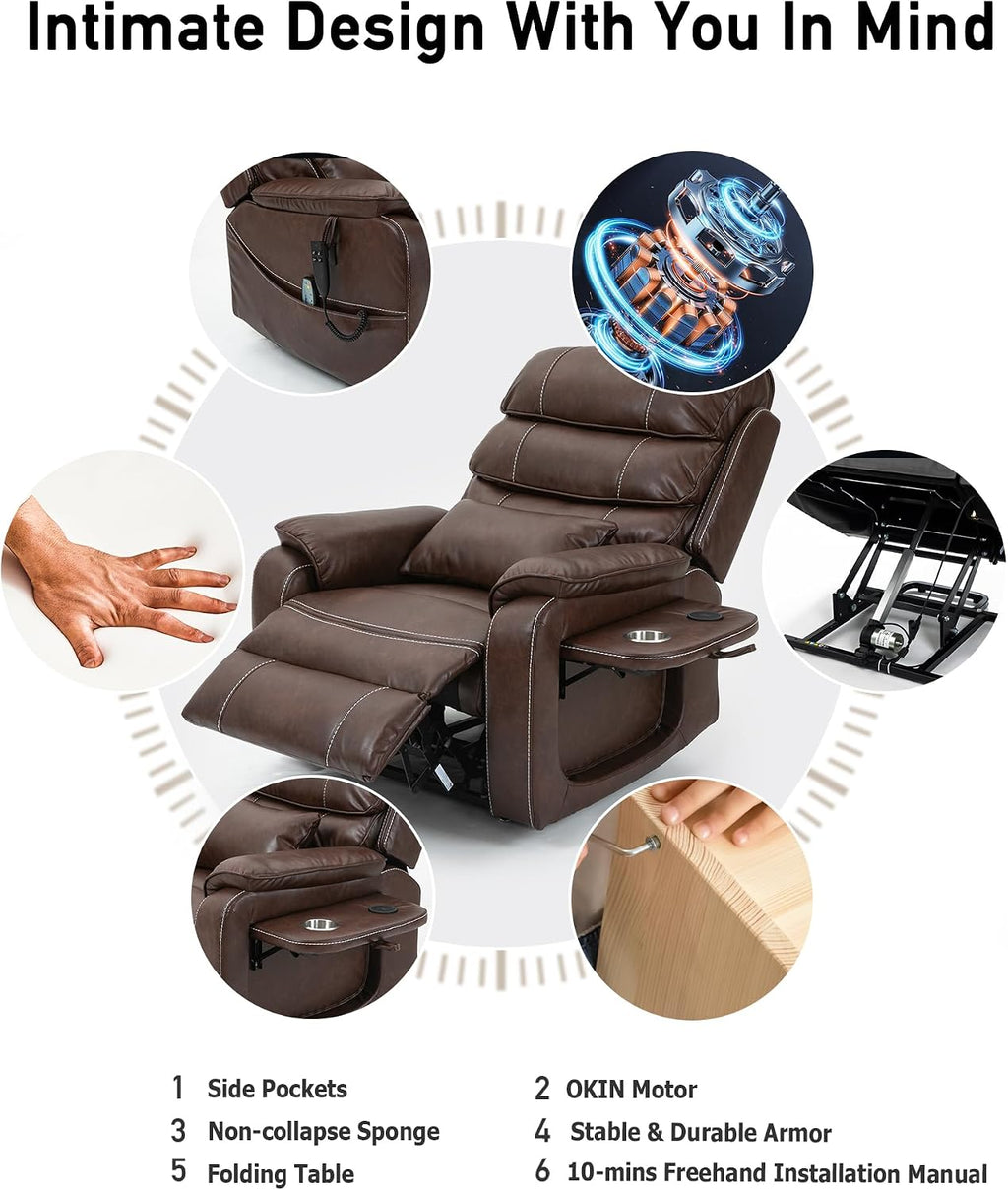 Power Lift Lazy Boy Recliner Chair, 2 Motor Flat Recliner, Nursing Lift Chair with Massage and Lumbar Heating, Adult Power Recliner with Side Pockets, Folding Table, Remote Control