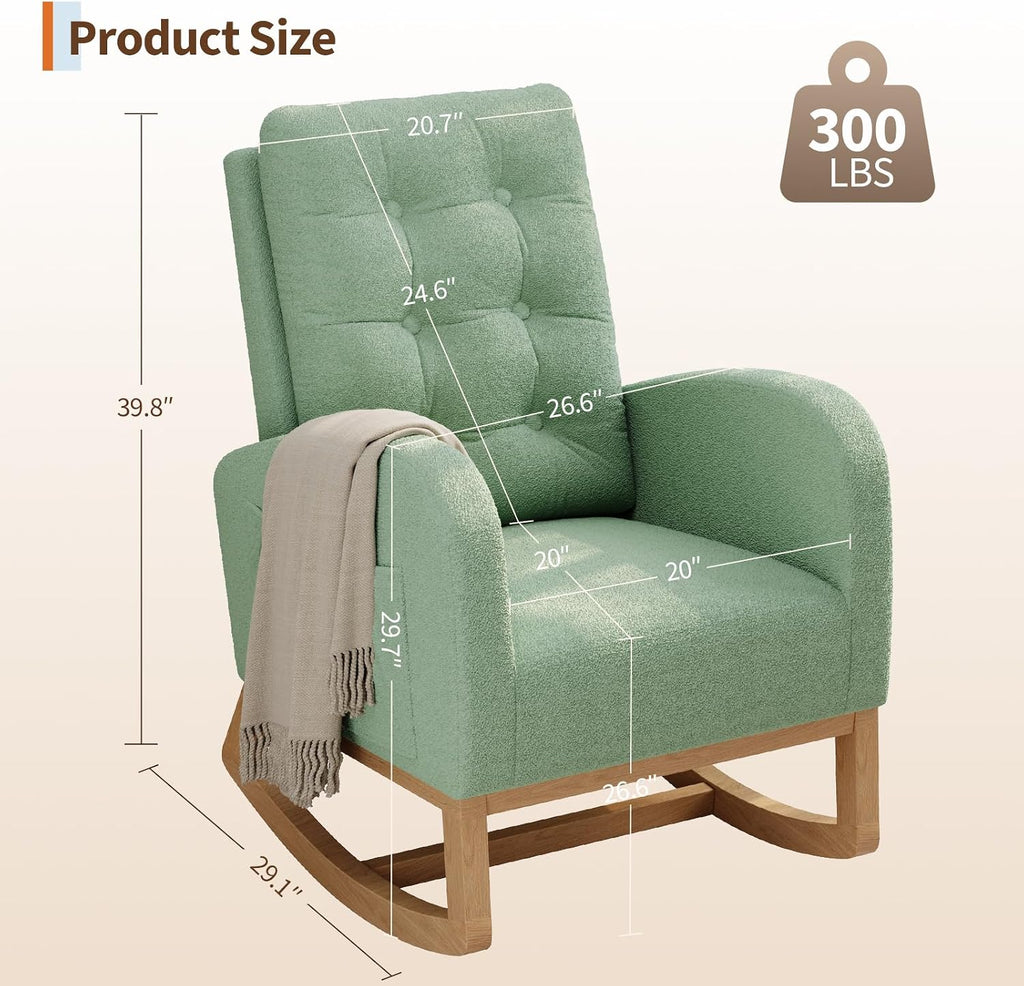 GarveeHome Nursery Rocking Chair, Teddy Fleece Upholstery, Sturdy Wooden Legs & High Backrest, Comfortable Glider Rocking Chair for Living Room or Bedroom, Light Green