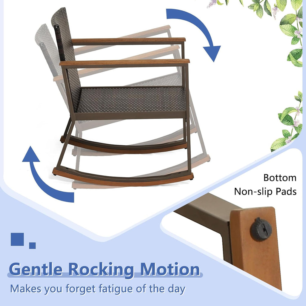 Outdoor Rocking Chair Set, 3 Pieces Patio Set with Rocking Chair, Coffee Table & Cushions, Patio Wicker Furniture Set for Balcony, Porch & Backyard (Navy Blue)