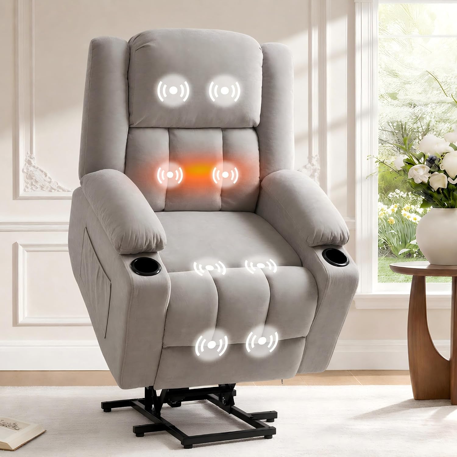 FLEXISPOT XL31 Power Lift Recliner Chair for Elderly, Electric Lift Chair with Massage & Heat, Fabric Reclining Sofa w/USB & Type-C Charging for Living Room Bedroom(Medium Size, Silver-Gray)