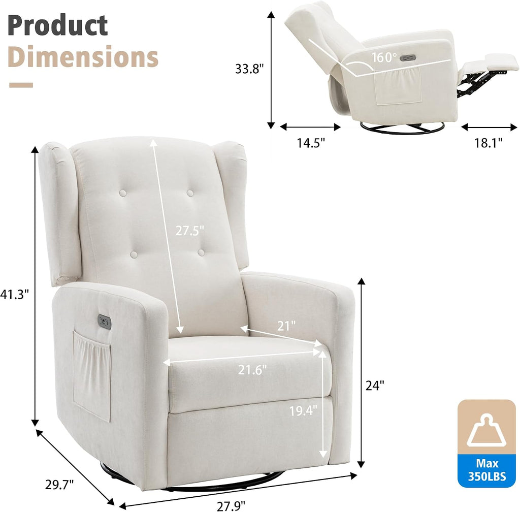 Swivel Rocker Power Recliner Chair for Nursery, 270° Swivel Glider Recliner with USB & Type-C Charging, Electric Reclining Chair with Storage Pockets, Upholstered Recliner for Living Room(Cream)