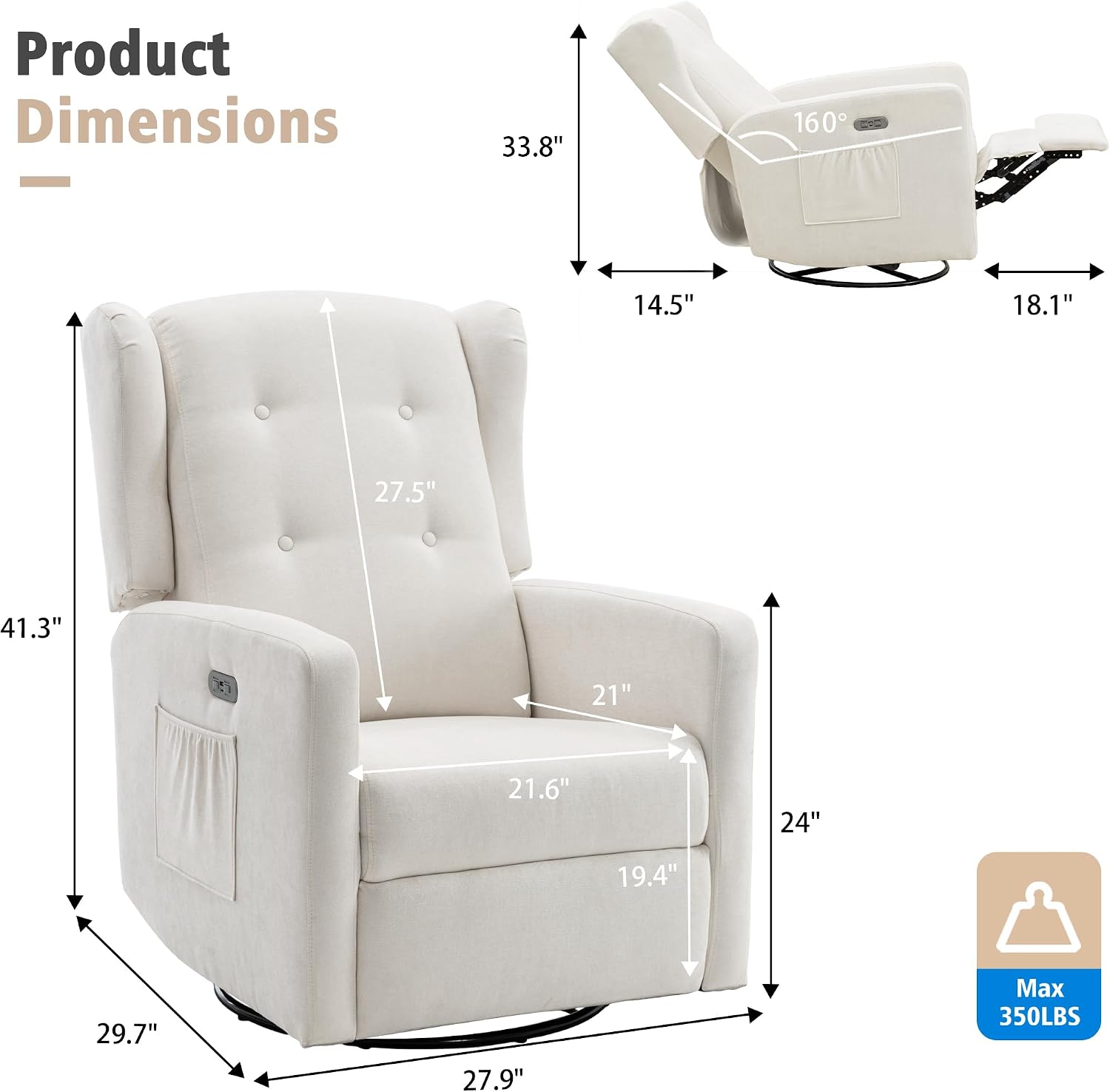 Swivel Rocker Power Recliner Chair for Nursery, 270° Swivel Glider Recliner with USB & Type-C Charging, Electric Reclining Chair with Storage Pockets, Upholstered Recliner for Living Room(Cream)