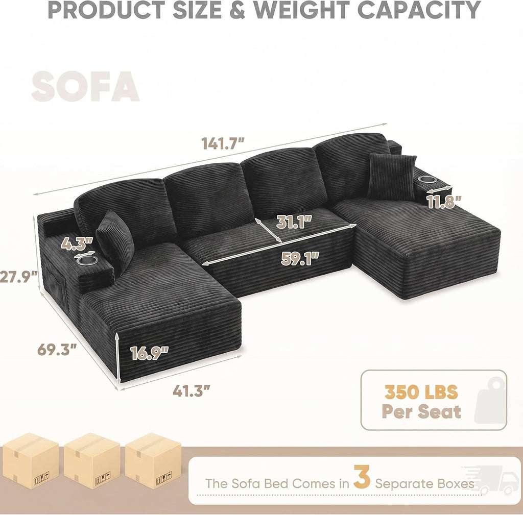 Homall 142' Boneless Couch, Modular Sectional Sofa, No Assembly Required, Memory Foam Filling, Corduroy U-Shaped Sofa, Movable Multi-Person Couch for Living Room (Black)