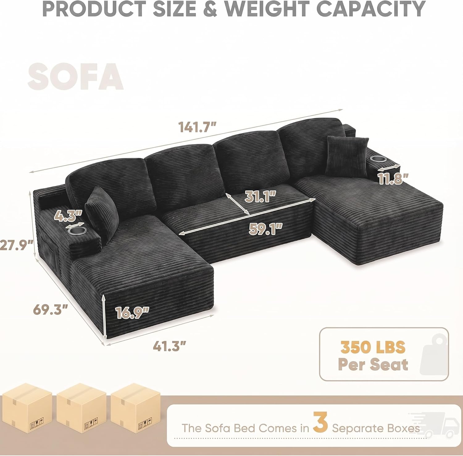 Homall 142' Boneless Couch, Modular Sectional Sofa, No Assembly Required, Memory Foam Filling, Corduroy U-Shaped Sofa, Movable Multi-Person Couch for Living Room (Black)