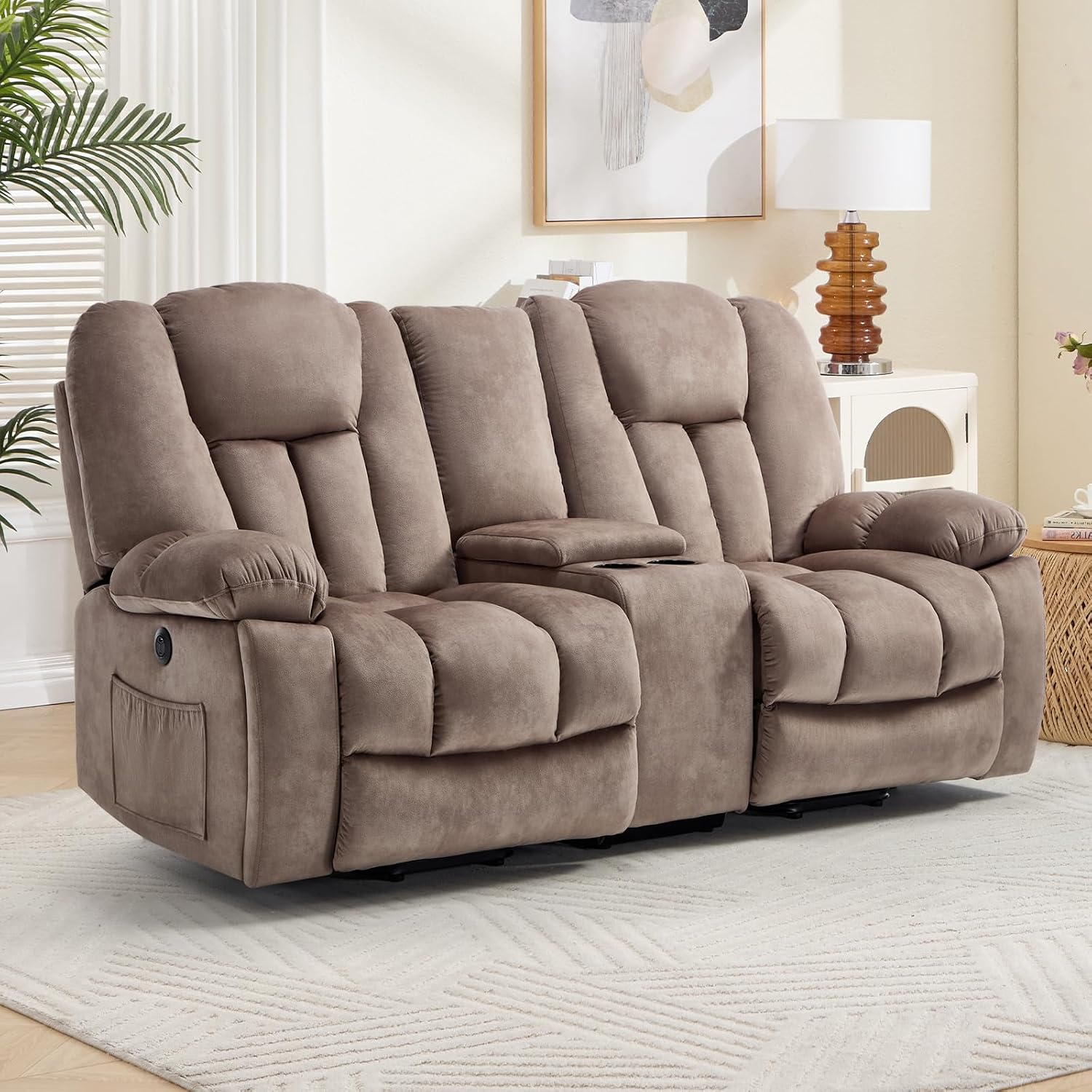 CANMOV Power Loveseat Recliner Sofa for Elderly, Power Lift Recliner Sofa for Living Room, Reclining Loveseat Sofa with Storage Console,Hidden Cup Holders, 2 Seat, Light Brown