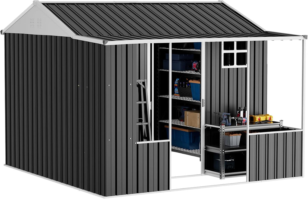 VanAcc 9x9x7 FT Metal Storage Shed, Dual-Zone Tool Shed with Work Area, Reinforced Frame, Gable Roof, Ventilated Design, Dark Grey