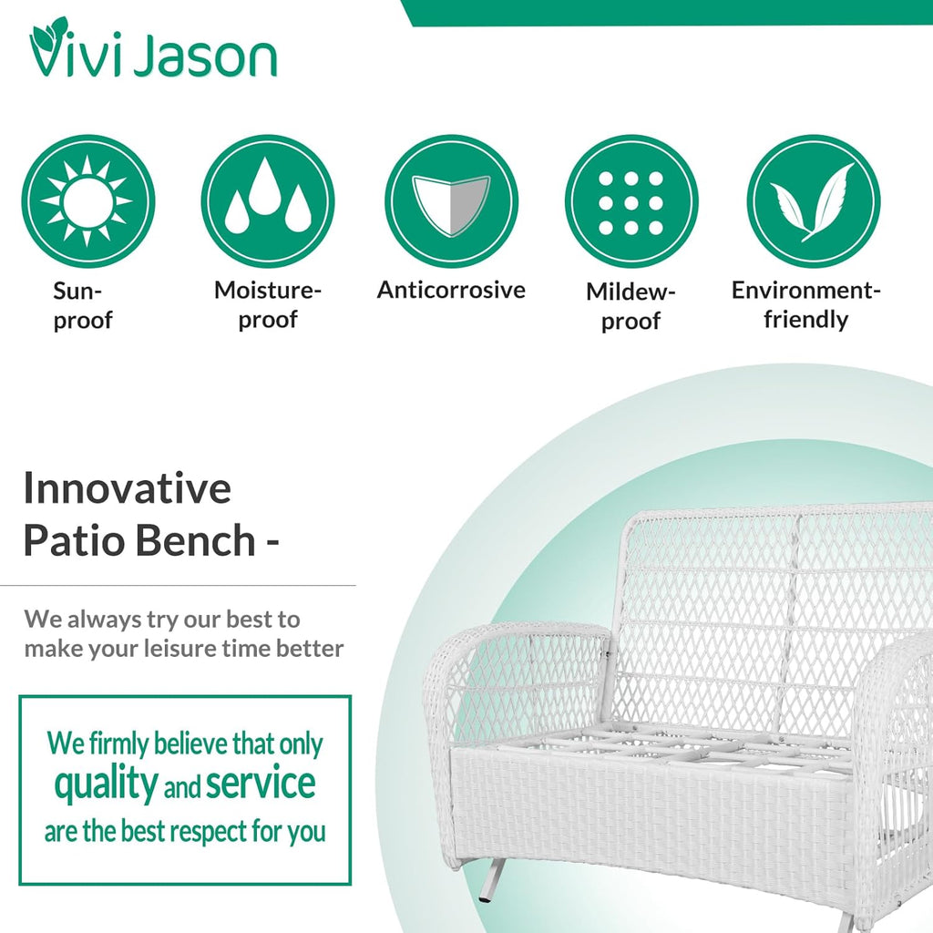 VIVIJASON 4-Piece Outdoor Patio White Wicker Conversation Sets, All Weather Outdoor Rattan Furniture Set Includes Glider Loveseat, Coffee Table, 2 Rocking Chairs with Cushions for Backyard, Red