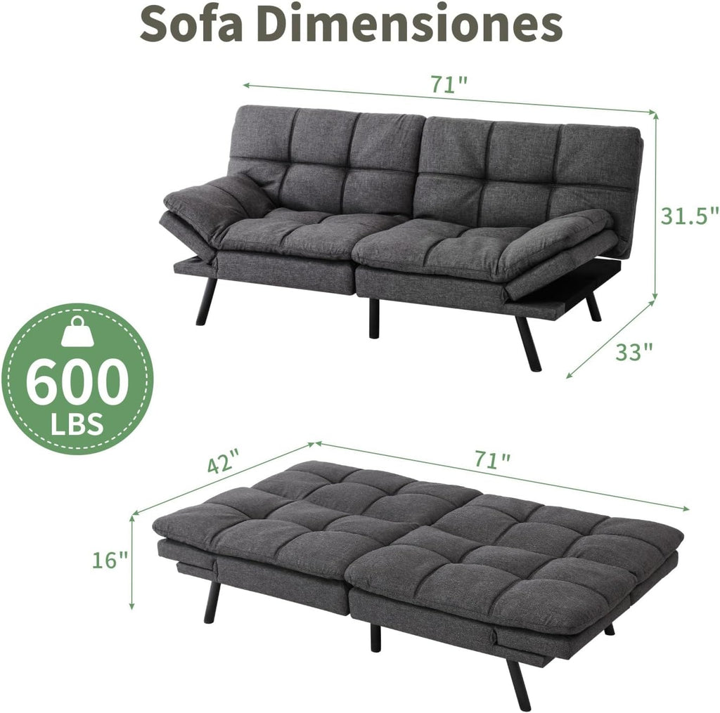 MUUEGM 71-Inch Futon Sofa Bed, Convertible Loveseat Sleeper | Elegant Dark Gray Linen | Adjustable Couch for Office, Apartment & Guests