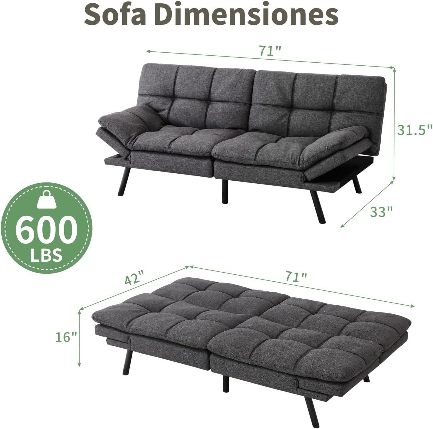 MUUEGM 71-Inch Futon Sofa Bed, Convertible Loveseat Sleeper | Elegant Dark Gray Linen | Adjustable Couch for Office, Apartment & Guests