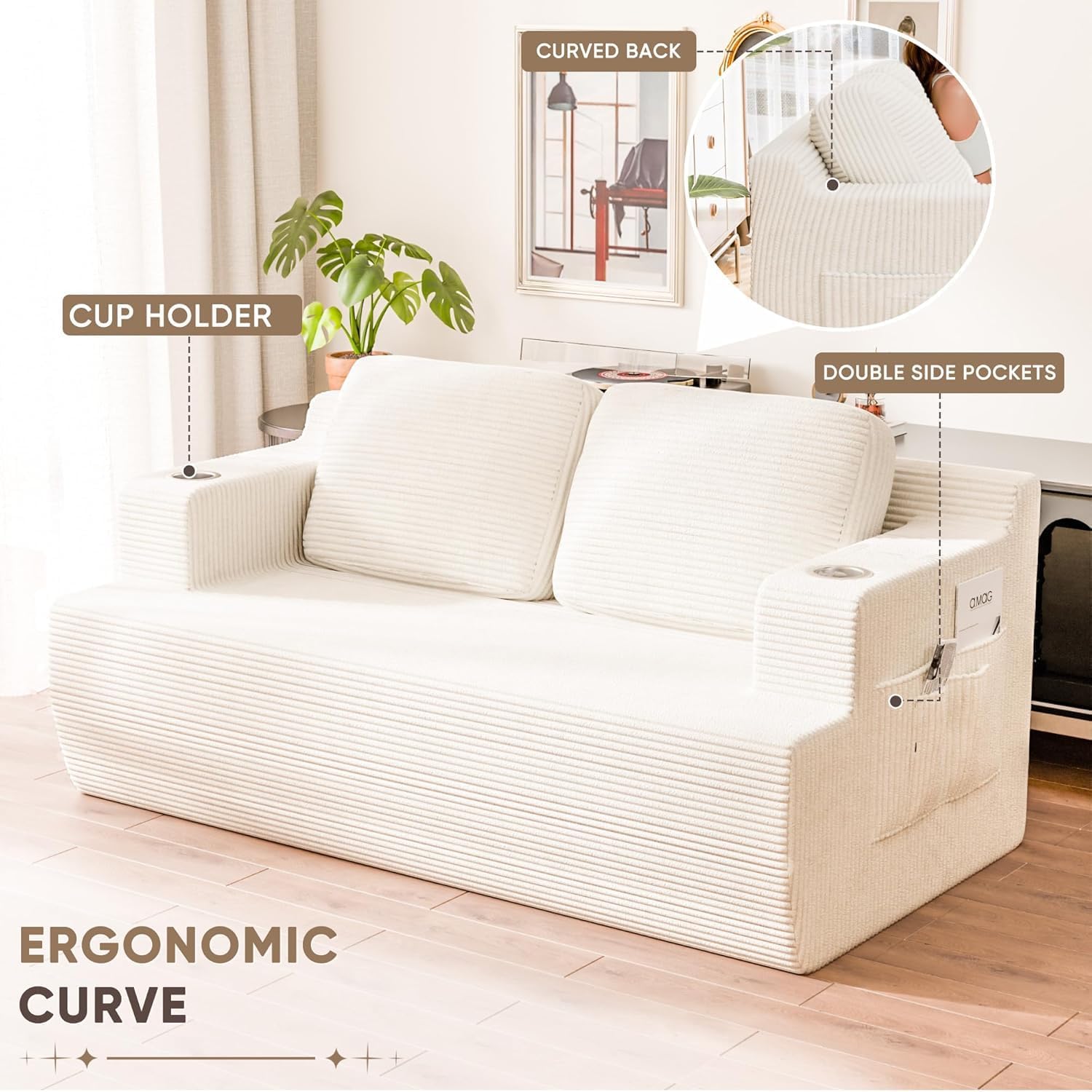 Homall 67' Cloud Couch Sofa 2 Seater Comfy Upholstered Loveseat Floor Sofa with High Density Memory Foam, No Assembly Required, Boneless Couch for Bedroom Living Room (White, Loveseat)