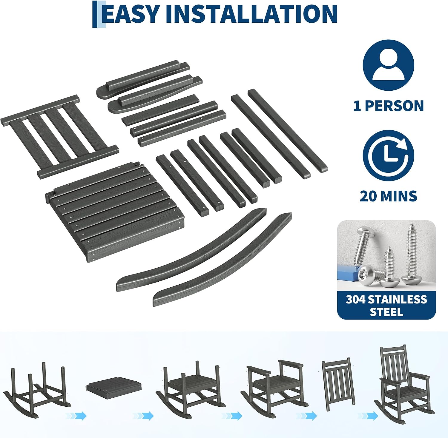 Garvee HDPE Rocking Chair Outdoor- Poly High Back Porch Rocker Chairs for Adults - All Weather Resistant Furniture for Patio Front Porch - Gray