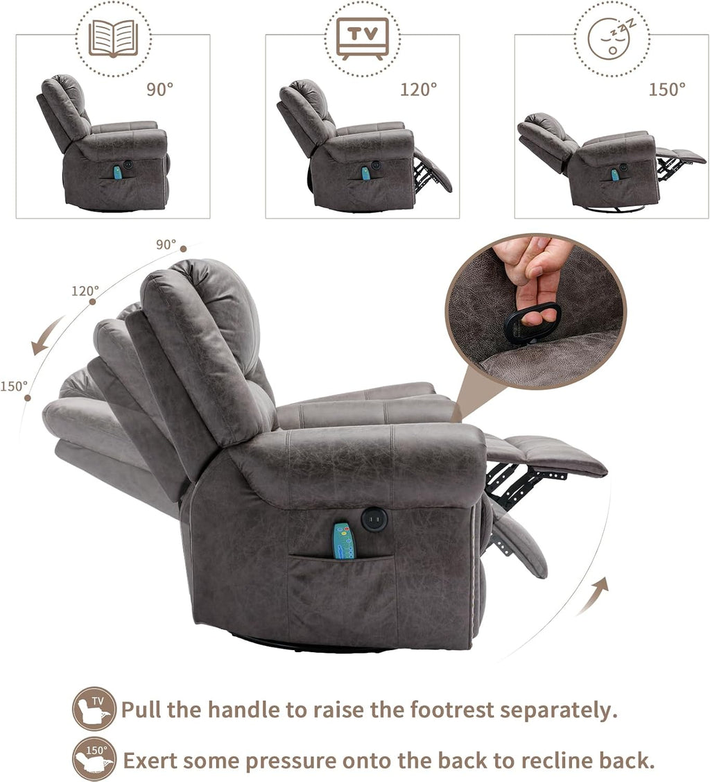 Manual Massage Swivel Rocker Recliner with Heat and Vibration, 360° Swivel Glider Rocking Recliner Chair, Classic Living Room Lounge Recliners with Side Pockets & USB Ports, Grey