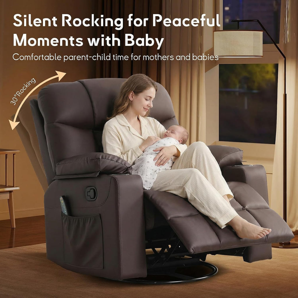 Bonzy Home Swivel Rocker Recliner with Heating and Massage, 40' Manual Rocker Recliner Chair, PU Leather Single Sofa with 2 Cup Holders for Living Room Bedroom, Brown