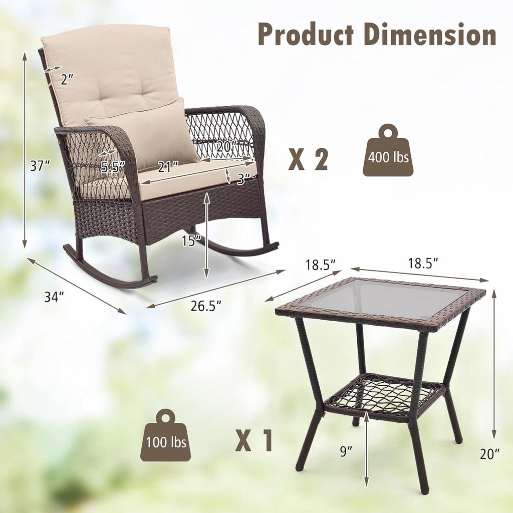 HAPPYGRILL 3 Pieces PE Rattan Rocking Bistro Set, Rocking Chairs with 2-Tier Coffee Table, Thick Pillows and Cushions, Outdoor Conversation Set for Porch, Garden and Poolside, (Beige)