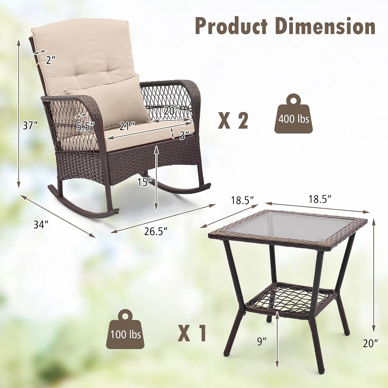 HAPPYGRILL 3 Pieces PE Rattan Rocking Bistro Set, Rocking Chairs with 2-Tier Coffee Table, Thick Pillows and Cushions, Outdoor Conversation Set for Porch, Garden and Poolside, (Beige)