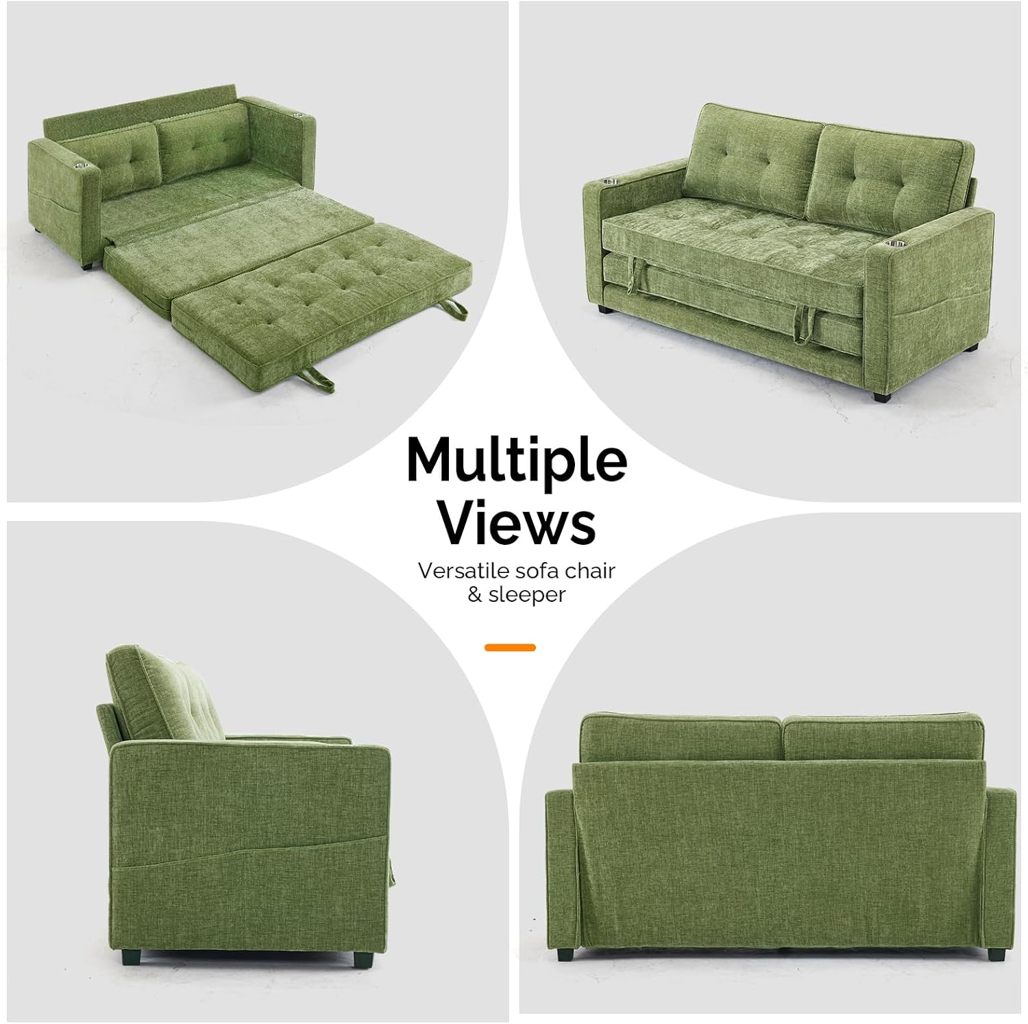 VINGLI Sofa Bed Full Size Pull Out Couch Bed Olive Green Futon Couch 64' W 84' L Loveseat Sleeper Floor Couches for Living Room Convertible Loveseat Sofa Foldable Sofa Bed