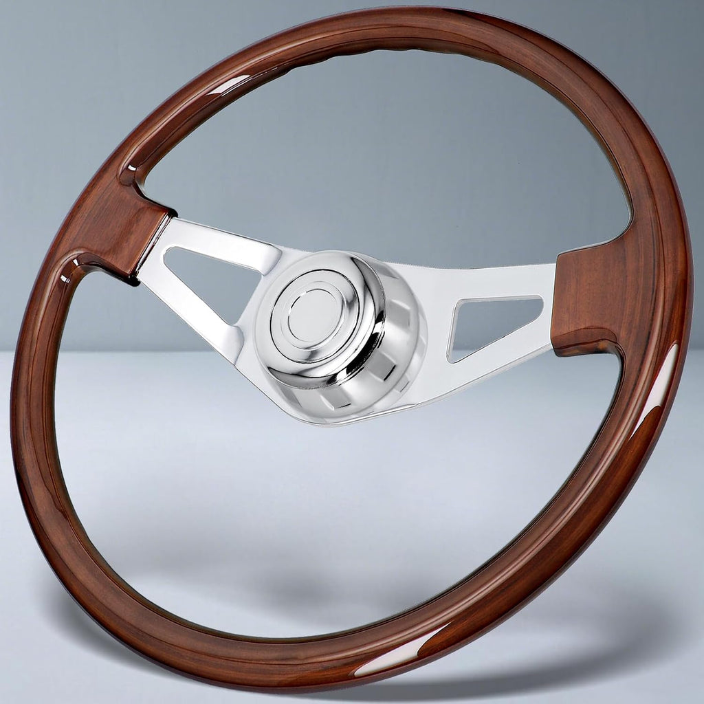 Sorghum 18' Solid Wood Steering Wheel - 2 Spokes Aluminum Chrome Classic Steering Wheel with Horn Button for Semi-Trailers Trucks Compatible with Mack Kenworth Peterbilt Volvo Freightliner