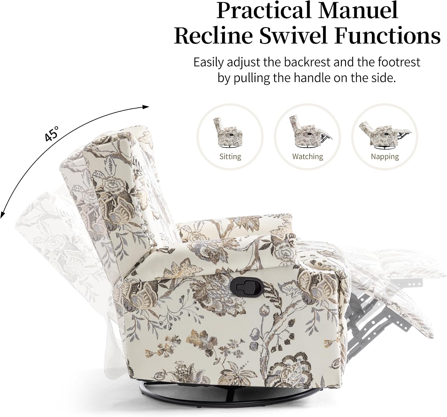 Swivel Rocker Recliner Chairs Set of 2, 360° Swivel Wingback Recliner Chairs for Adults, Upholstered Printed Fabric Glider Rocking Chair with High Back, Deep Seat for Living Romm Bedroom, Plants Beige