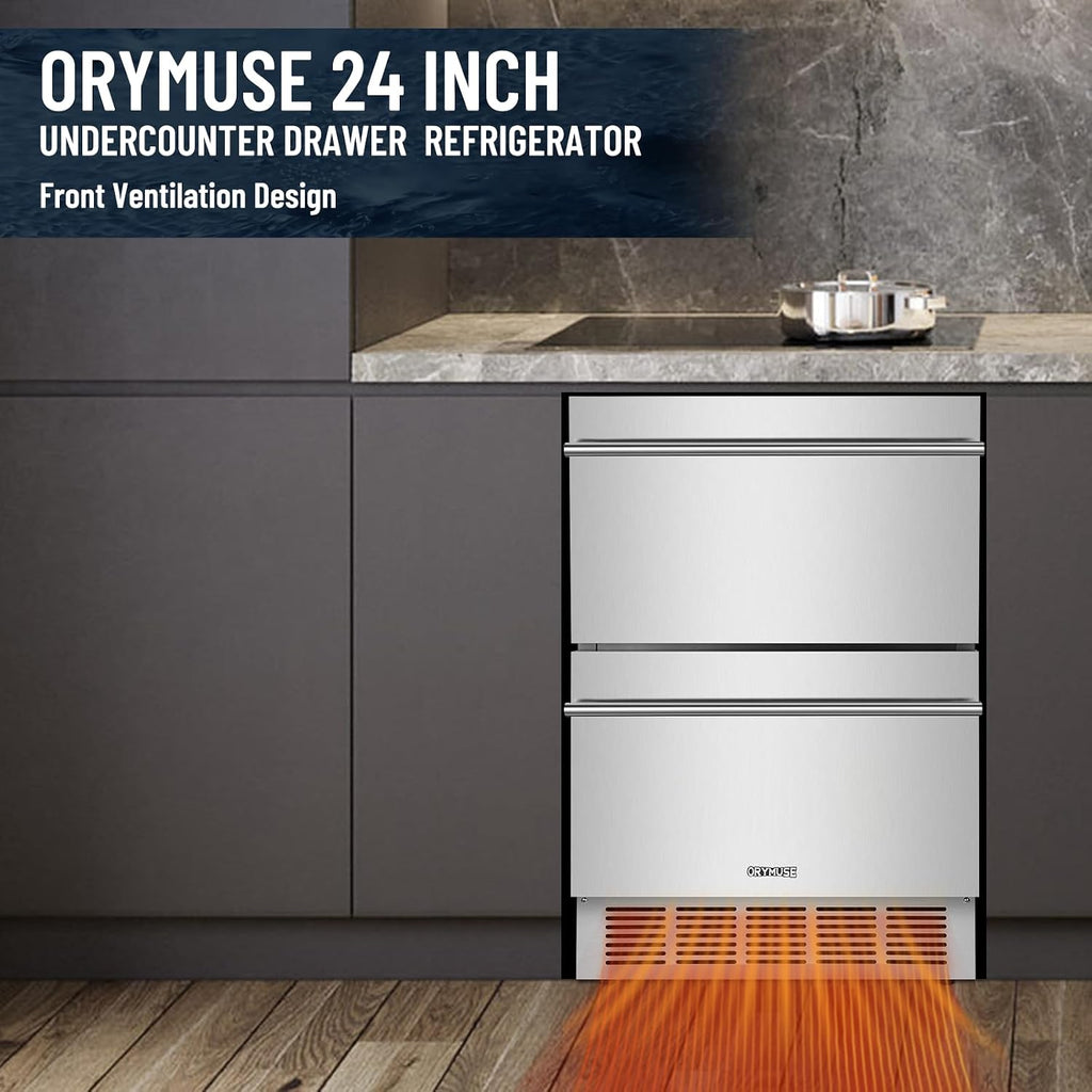 ORYMUSE Outdoor Drawer Refrigerator, 24 Inch Undercounter Beverage Cooler Fridge with Stainless Steel Seamless Door Can Hold 154 Cans w/Powerful Cooling Compressor for Kitchen and Commercial