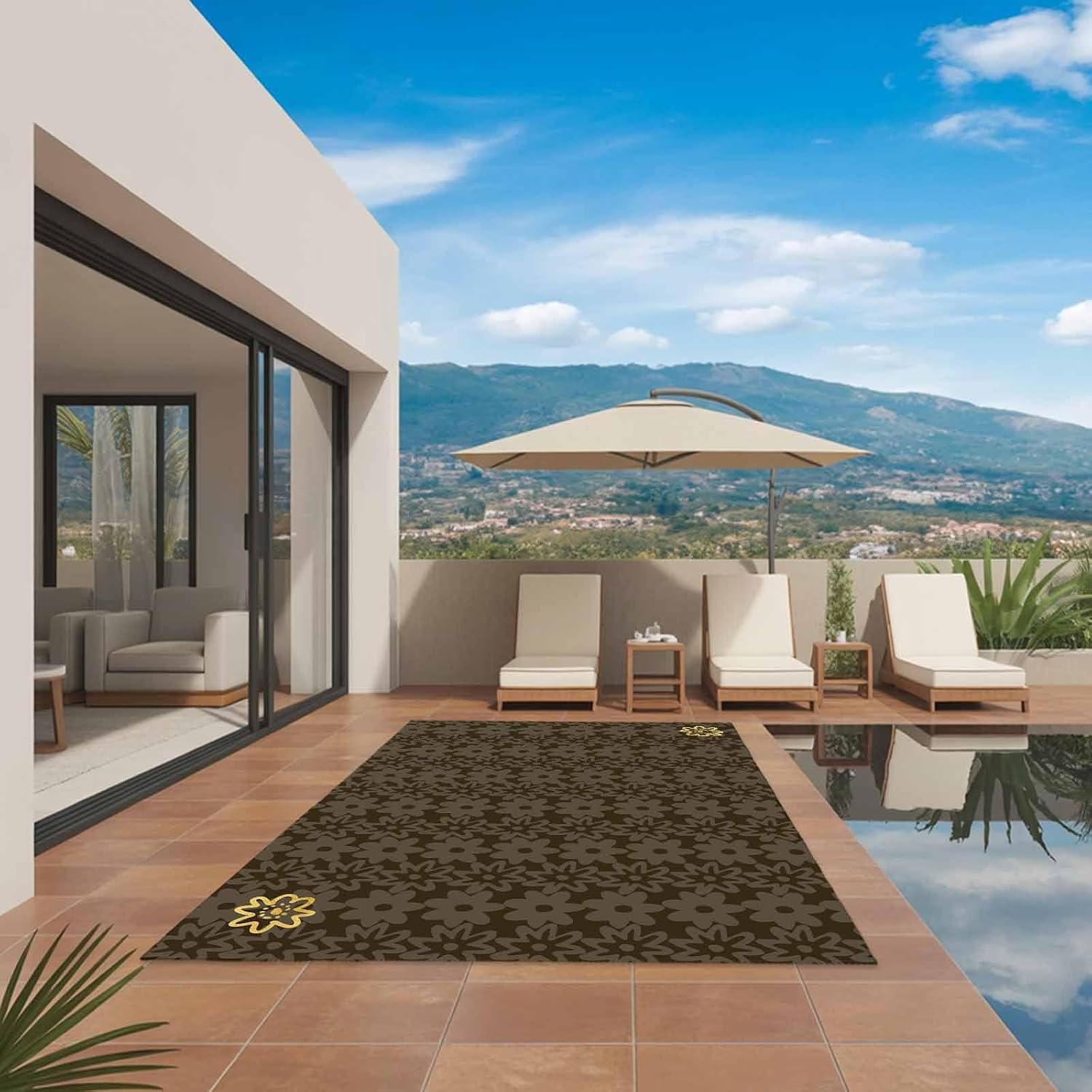 Brown Golden Floral Outdoor Rug for Patio/Deck/Porch, Non-Slip Large Area Rug 5 x 7 Ft, Modern Abstract Art Spring Flowers Indoor Outdoor Rugs Washable Area Rugs, Reversible Camping Rug Carpet Runner