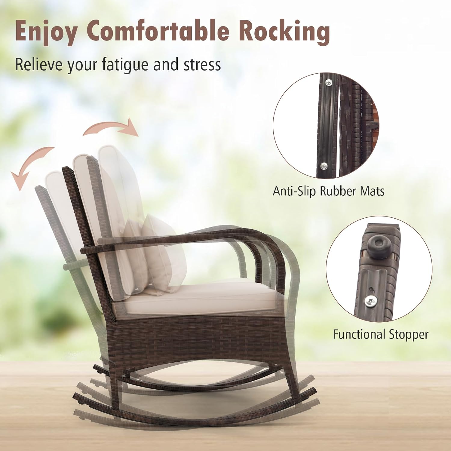 HAPPYGRILL 3 Piece Outdoor Rocking Bistro Set, Rattan Wicker Rocking Chairs with Tempered Glass Coffee Table, Rocker Chairs Set with Cushions & Pillows, for Backyard, Porch, Poolside