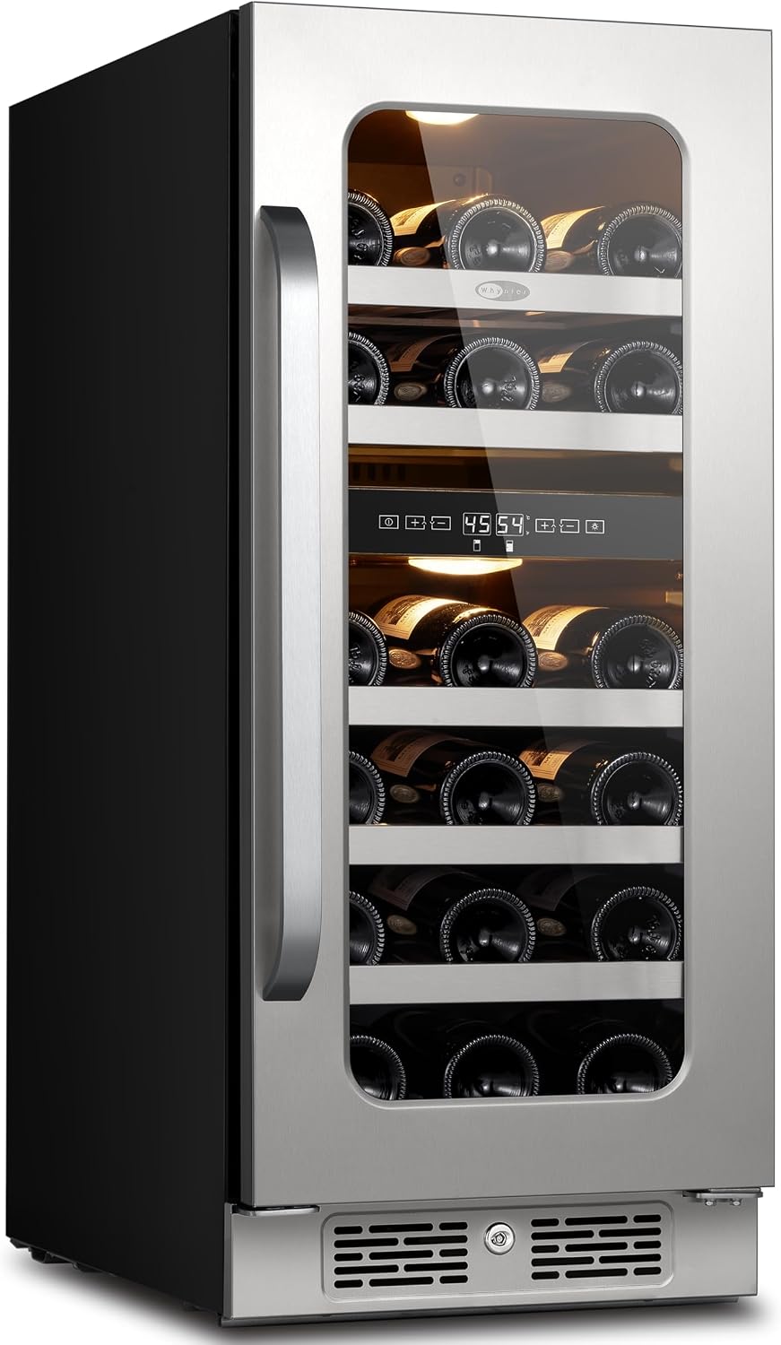 15 inch Wine Fridge Cooler 29 Bottles Dual Zone Wine Refrigerator Under Counter with Glass Door 3 LED Built-in or Freestanding Fridge Adjustable Shelves for Home Bar Kitchen 3.0 cu.ft