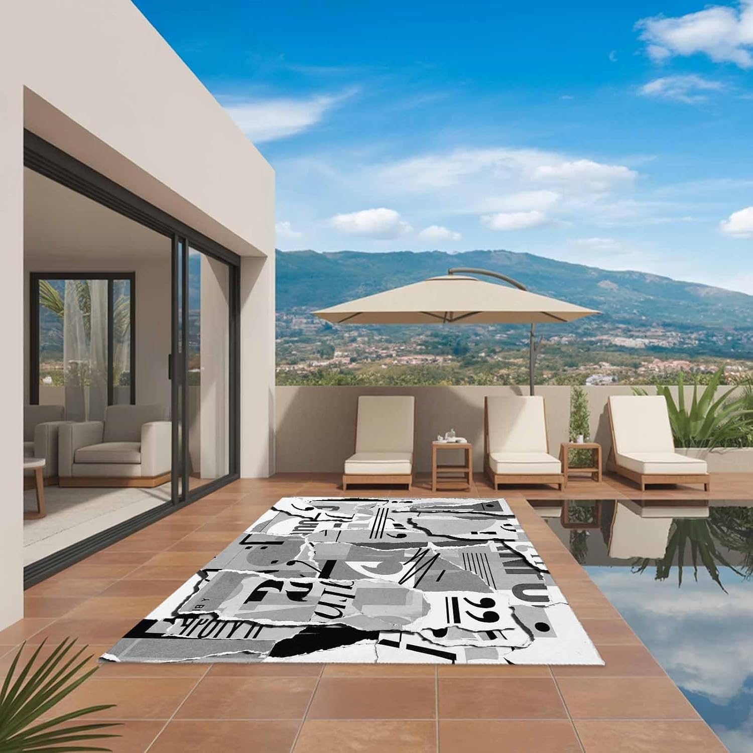 Torn Paper Outdoor Rug for Patio/Deck/Porch, Non-Slip Large Area Rug 4 x 6 Ft, Vintage Abstract Collage Newspaper Art Indoor Outdoor Rugs Washable Area Rugs, Reversible Camping Rug Carpet Runner