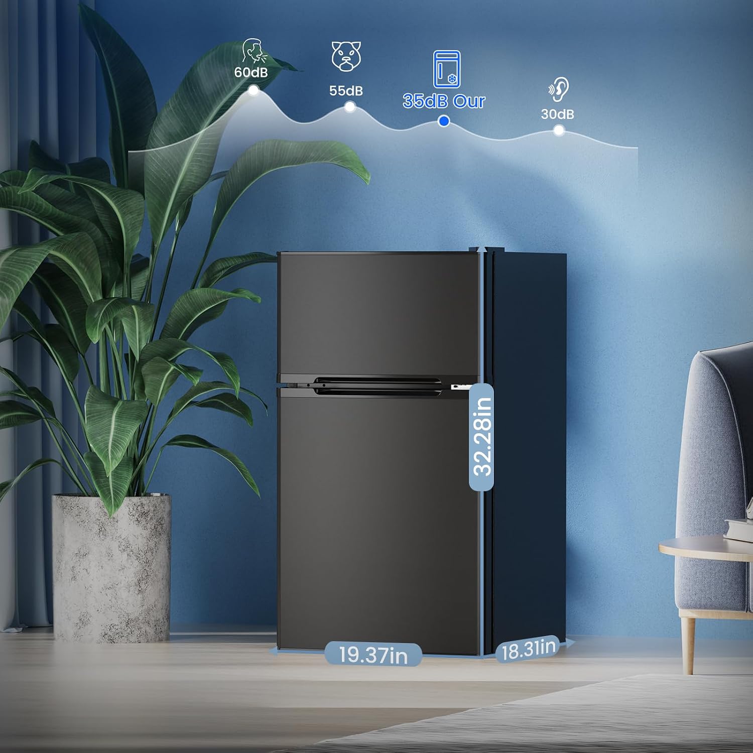 Electactic Mini Fridge with Freezer, 3.2 Cu.Ft Compact Refrigerator with 2 Doors, Small Fridge with Adjustable Thermostat & Removable Glass Shelves for Bedroom, Office, Dorm, or Apartment, Black