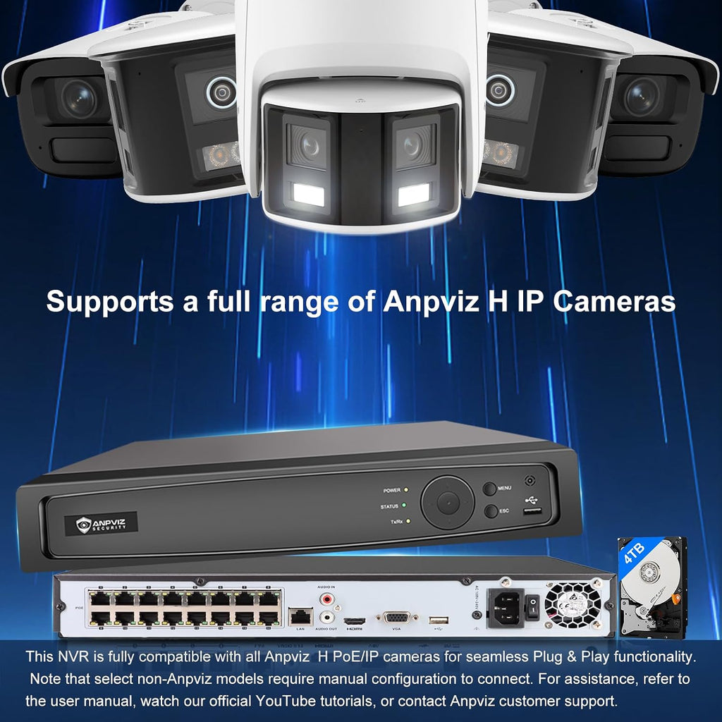 Anpviz AI 12MP 16CH POE NVR (12MP/8MP/6MP/5MP/4MP) Smart AI POE Network Video Recorder - Supports up to 16x 12MP/4K IP Cameras, 16-Channel Power Over Ethernet Pre-installed 4TB HDD NVR7616Q2-16P-A-4TB