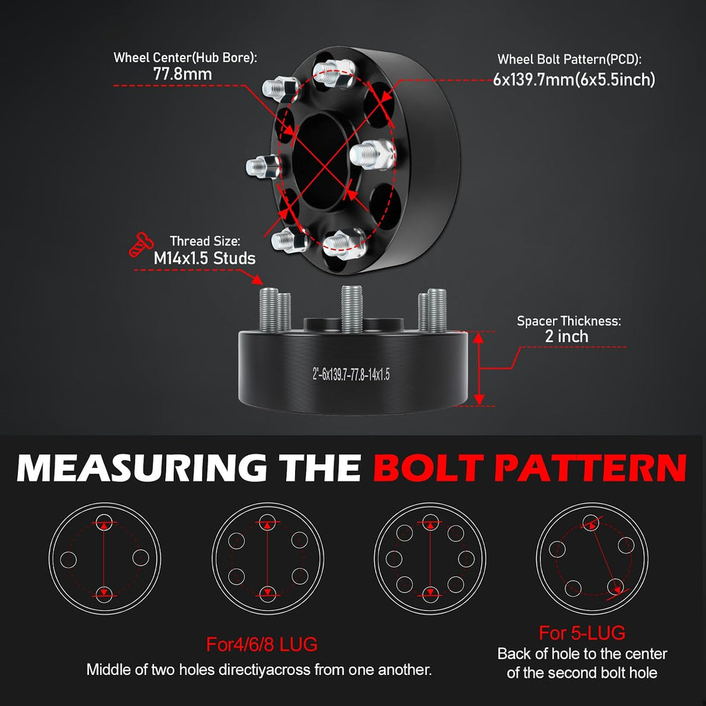 6x5.5 Wheel Spacers 2 inch (6x139.7mm) PCD 77.8mm Hub Bore M14x1.5 Studs Aluminum CNC Wheel Adapters 4pcs Car Wheel Accessories Parts Fit for Ram 1500 2019-2024