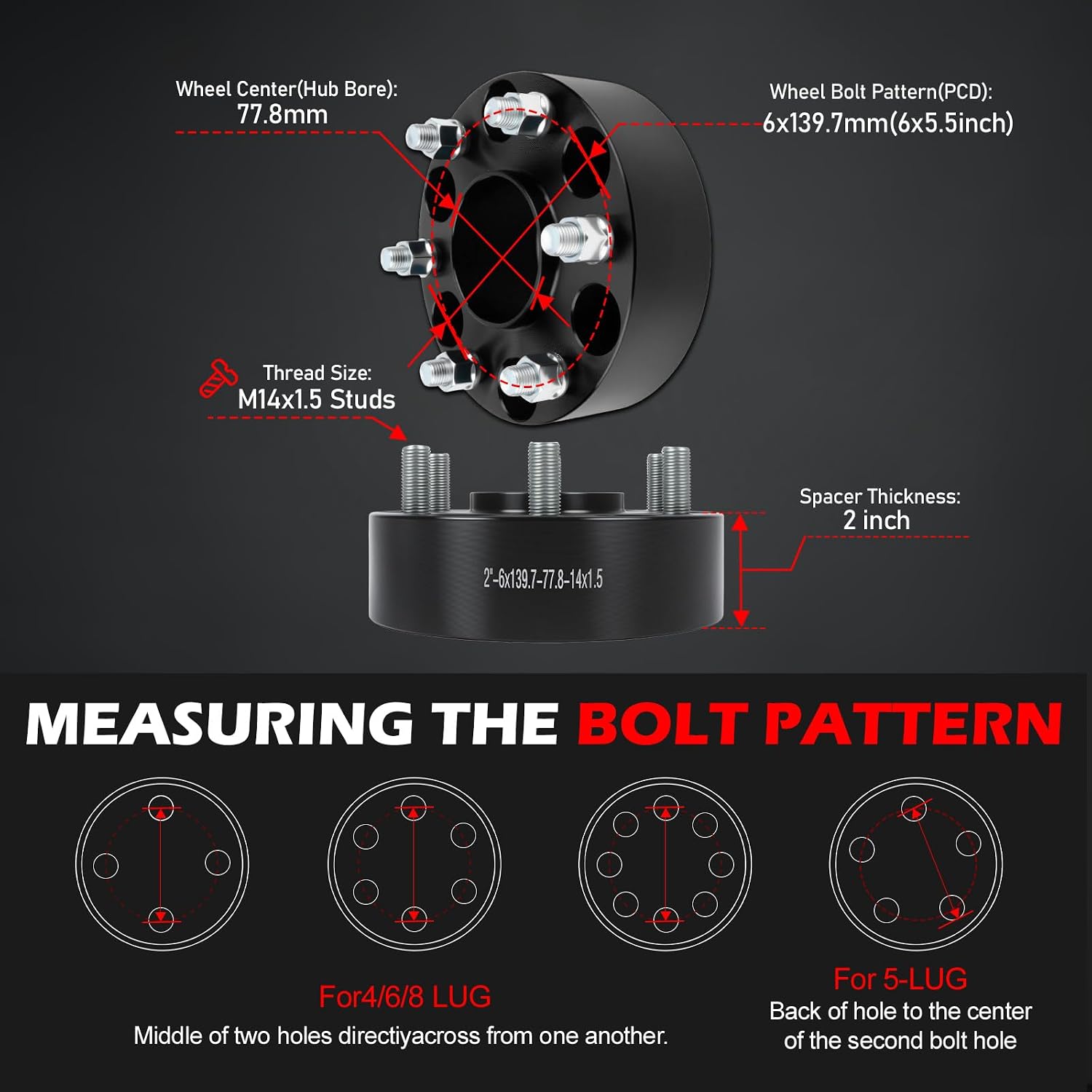 6x5.5 Wheel Spacers 2 inch (6x139.7mm) PCD 77.8mm Hub Bore M14x1.5 Studs Aluminum CNC Wheel Adapters 4pcs Car Wheel Accessories Parts Fit for Ram 1500 2019-2024