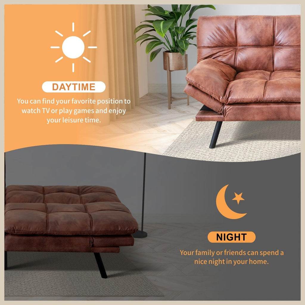 MUUEGM 71' Futon Sofa Bed, Modern Convertible Loveseat Sleeper, Faux Leather Couch with Adjustable Back & Arms for Small Spaces, Office & Apartment - Chocolate