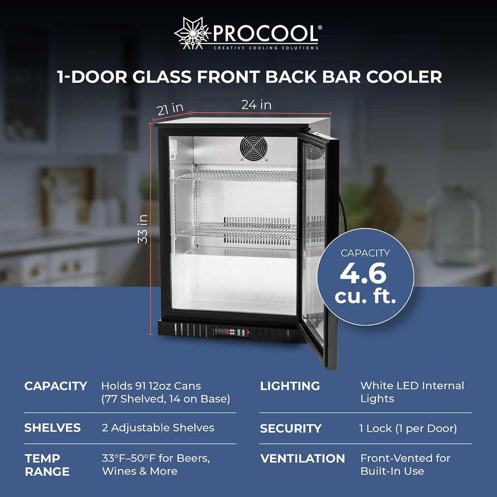 Procool 1-Door Undercounter Refrigerator - 33' Tall Energy Efficient Black Beverage Cooler With Glass Door & White LED Lights - Residential Beverage Refrigerator For Entertaining Spaces & Home Bars