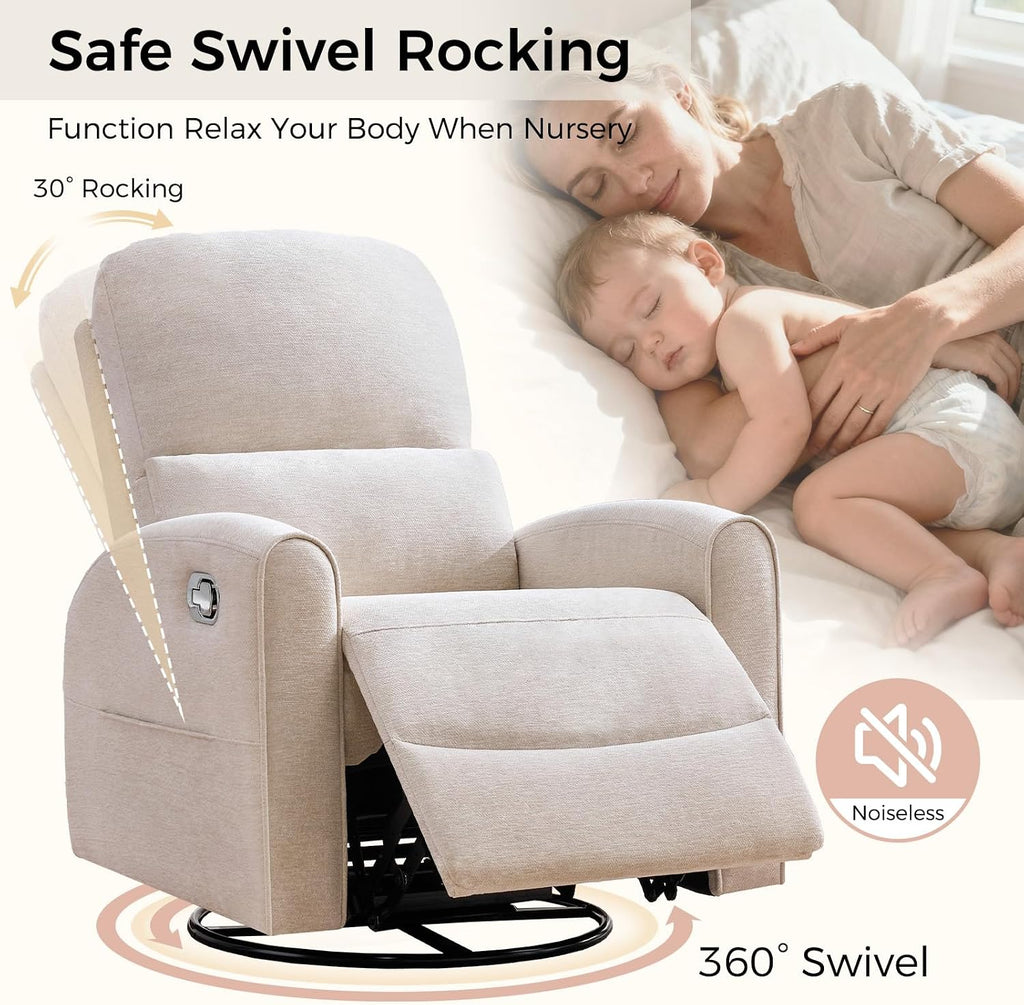 Swivel Rocker Recliner, Manual Swivel Glider Nursery Recliner Chair with Adjustable Headrest and Lumbar Support, Rocking Recling Chairs for Small Space, Living Room, Bedroom, Camel