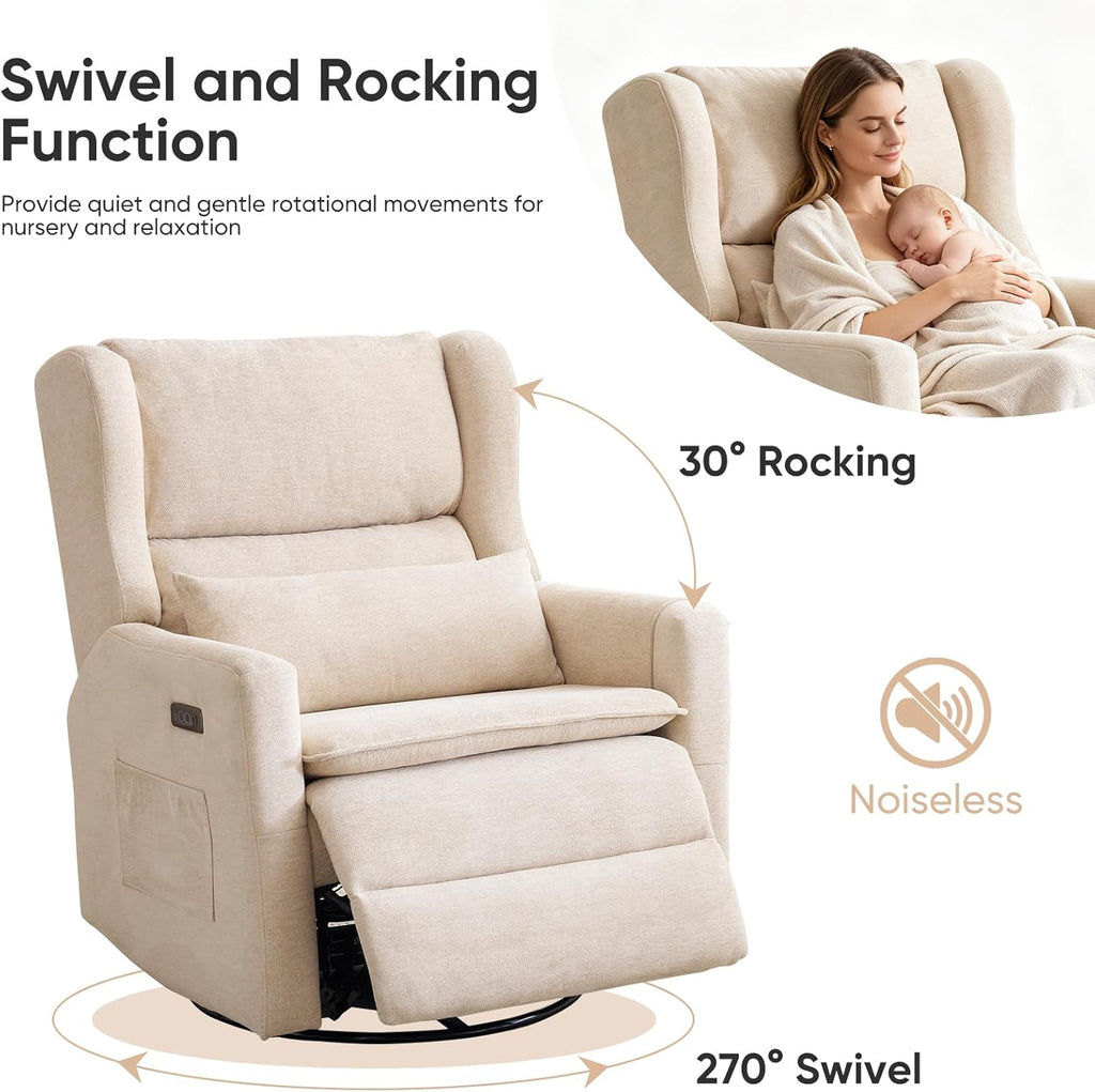 Swivel Rocker Recliner with Overstuffed Lumbar Support,Oversized Rocking Chair Nursery with Adjustable Headrest,Power Recliner Nursery Chair for Living Room,Beige