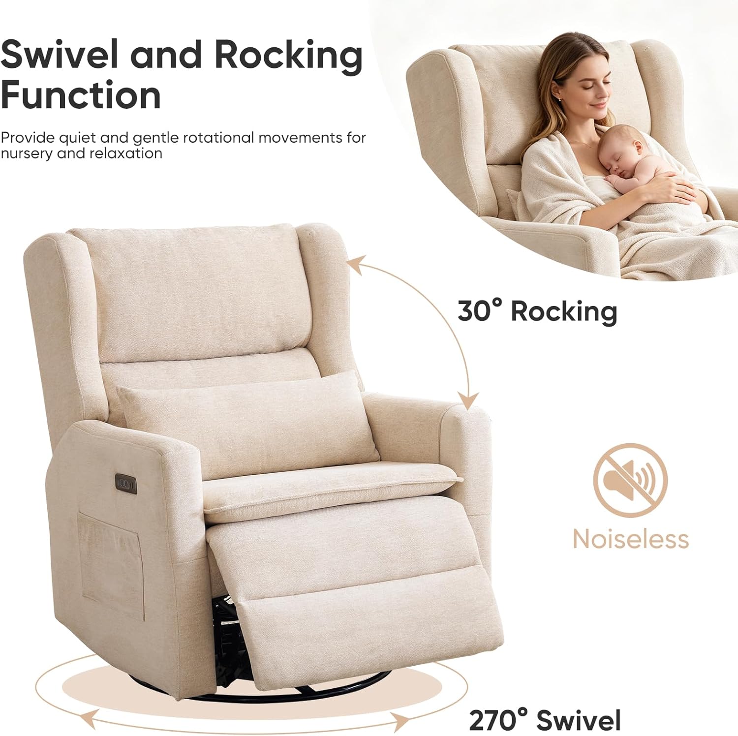 Swivel Rocker Recliner with Overstuffed Lumbar Support,Oversized Rocking Chair Nursery with Adjustable Headrest,Power Recliner Nursery Chair for Living Room,Beige