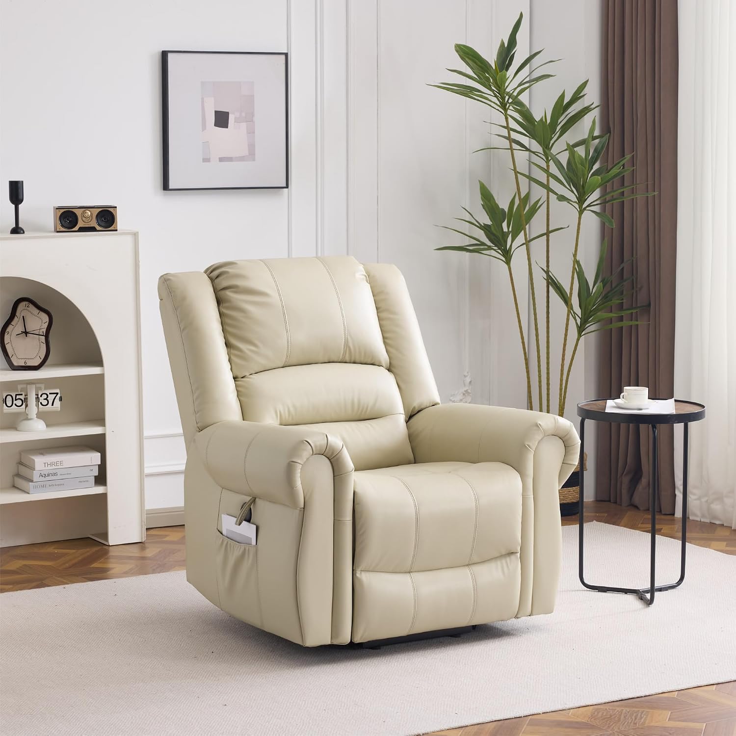 FLEXISPOT Power Lift Recliner Chair for Elderly with Heat & Massage, Faux Leather Electric Reclining Chair for Seniors with USB Ports, Cup Holders & Side Pockets, Cream
