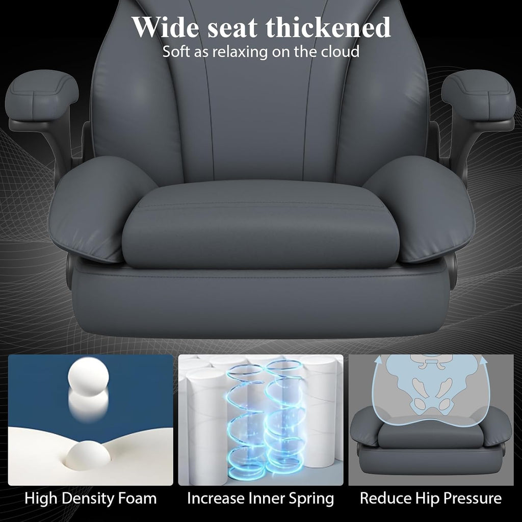 Office Desk Chair, Executive Leather Office Chair, High Back Ergonomic Home Desk Chair with Padded Flip-up Arms, Big and Tall Computer Chair with Rocking Function, 360°Swivel Free, Gray