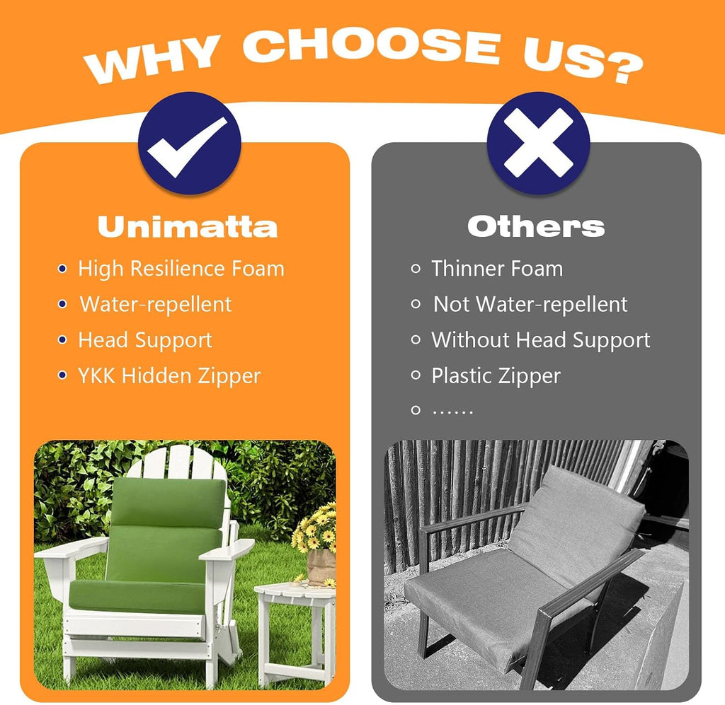 Unimatta Outdoor High Back Chair Cushion Seat Pads, 44 x 21 Inch Water-Repellent & Fade-Resistant Patio Furniture Cushions with Ties for Adirondack, Rocking Chairs, Lawn Green