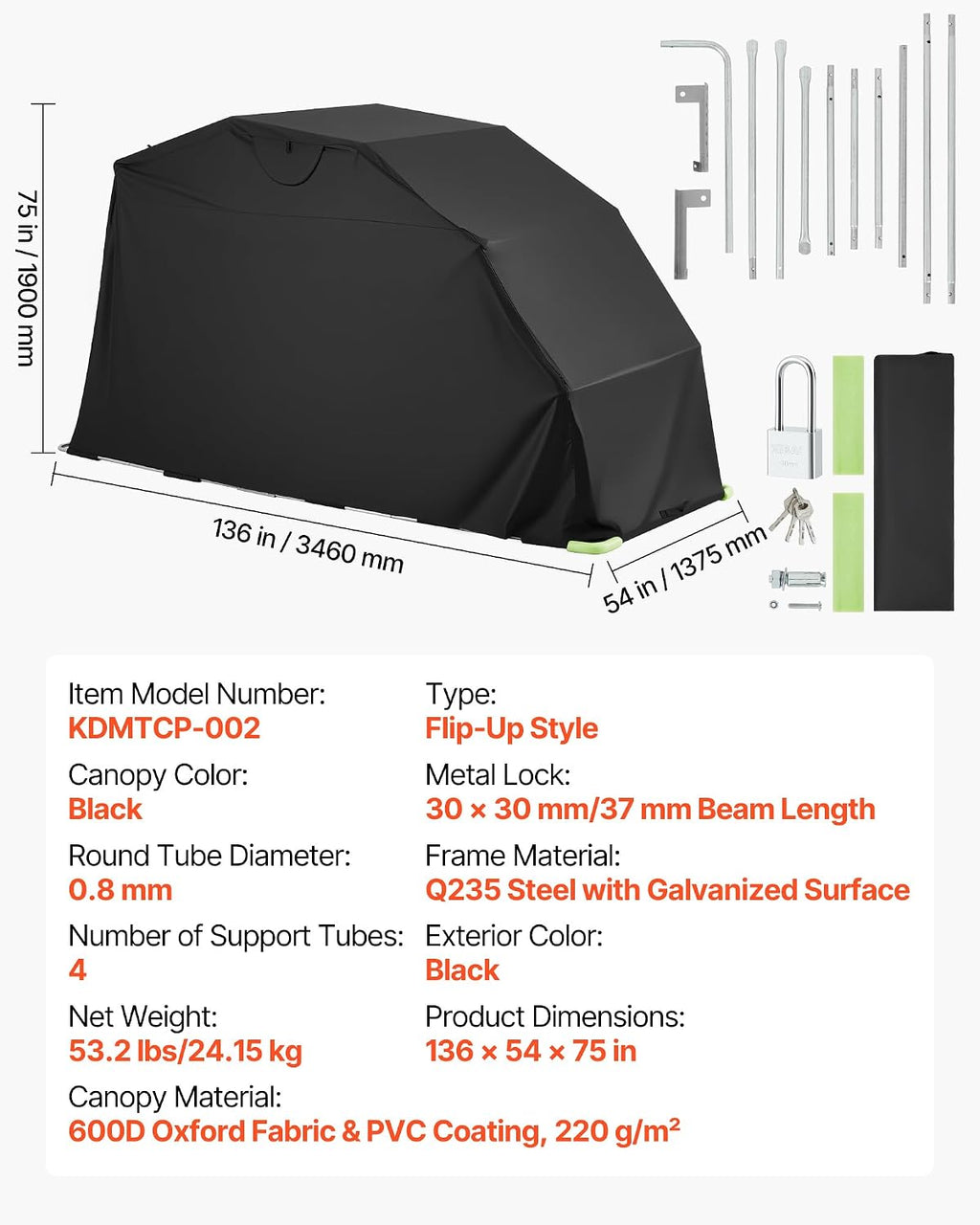 VEVOR Motorcycle Storage Shelter 136 x 54 x 75 in with Security Lock, 600D Oxford Flip-Up Garage Tent, Heavy-Duty All-Weather Motorcycle Cover Shed with 2 Side Windows, Outdoor Vehicle Shelter, Black