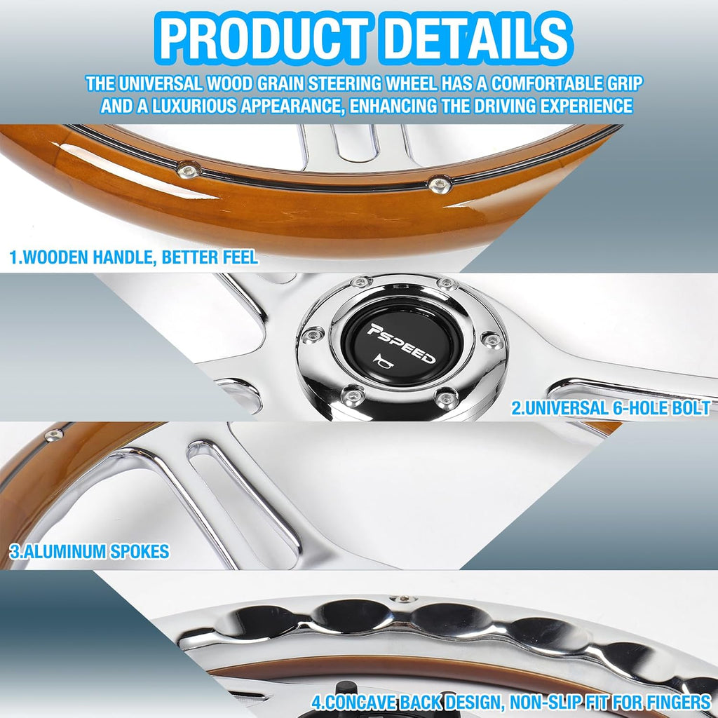 14 inch Mahogany Solid Wood Steering Wheel 6 Bolt 4 Spoke Chrome Aluminum | Vintage Real Wood Grain Steering Wheel with Horn Button for Vintage Car for Racing for Classic Car boat steering wheel