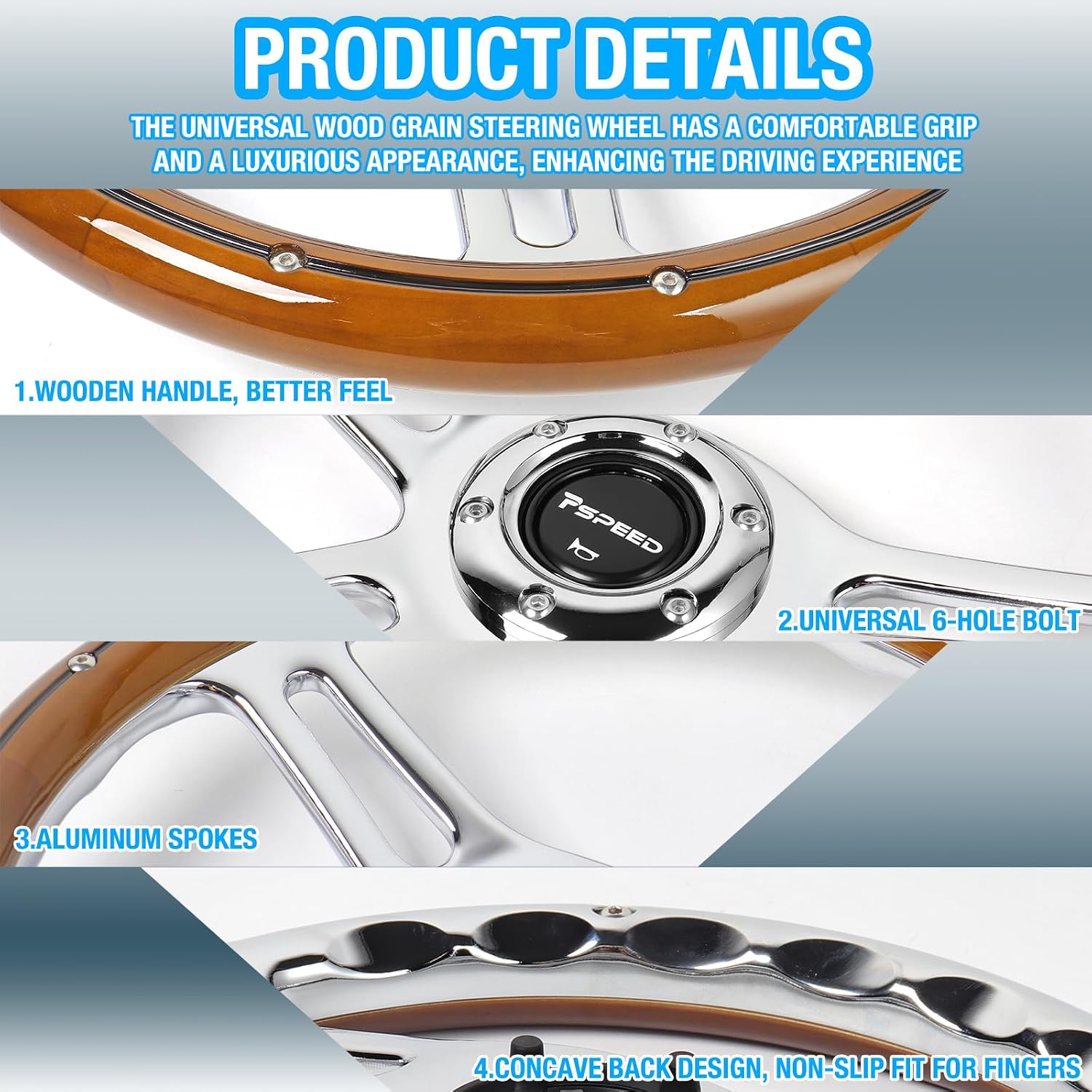 14 inch Mahogany Solid Wood Steering Wheel 6 Bolt 4 Spoke Chrome Aluminum | Vintage Real Wood Grain Steering Wheel with Horn Button for Vintage Car for Racing for Classic Car boat steering wheel