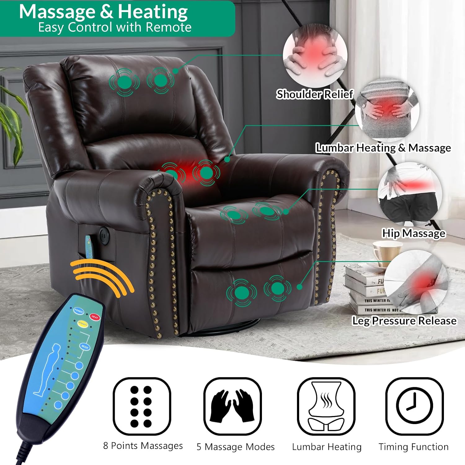 VIVIJASON Massage Swivel Rocker Recliner Chair with Heat & Vibration, 360° Swivel Manual Glider Rocking Reclining Chair with Remote Control, Side Pockets & USB Ports for Living Room, Brown
