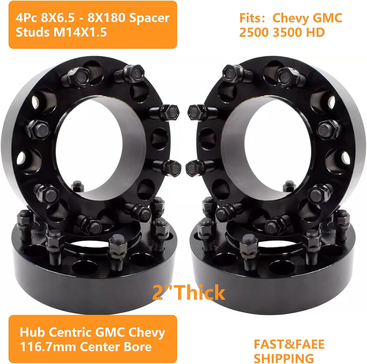 Set of 4 8x6.5 to 8x180 Wheel Spacer Adapters, 2' Thickness 14x1.5 for Express 2500 3500 | 2001-2010 for Silverado 2500 HD Sierra 2500 HD | 2001-2003 for Silverado 1500 HD