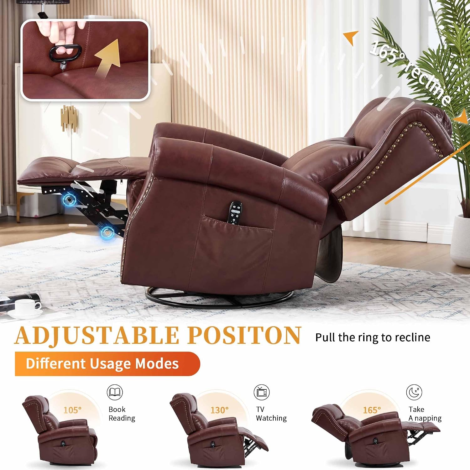 360° Swivel Glider Chair for Nursery, Wingback Genuine Leather Rocking Recliner with Lumbar Heat & Massage, 8-Point Vibration Massage for Living Room Bedroom